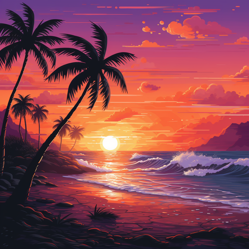 Colorful 8bit beach and palm trees in the sunset