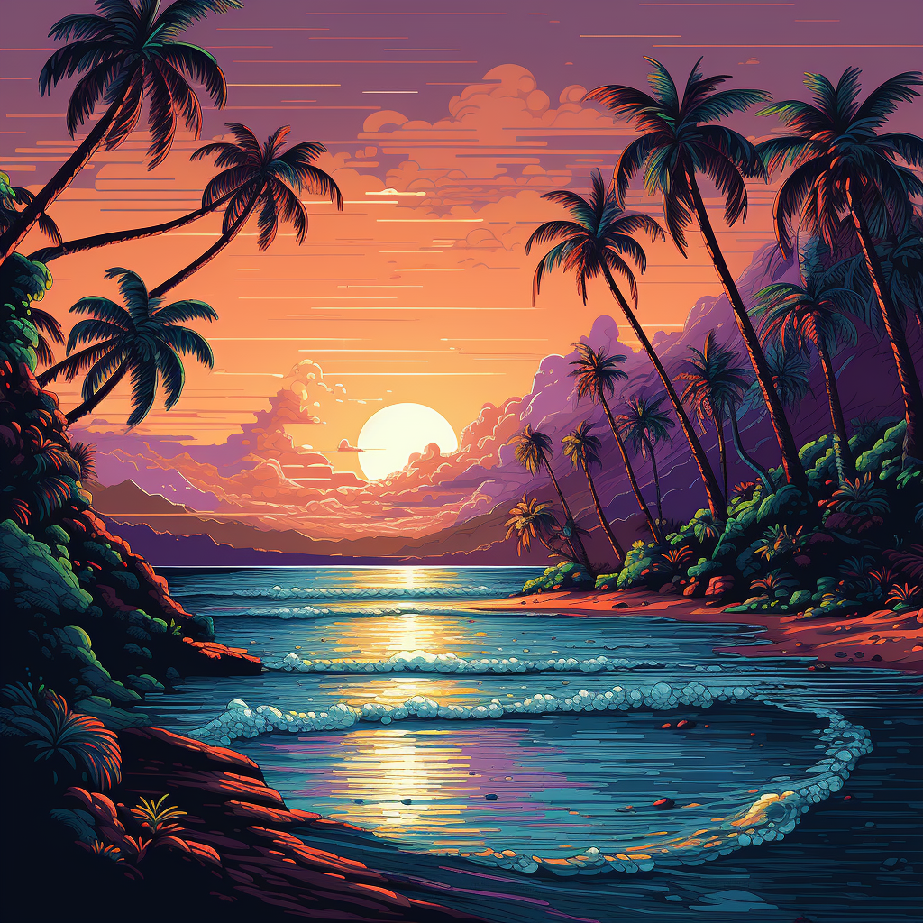 Colorful scene of 8-bit beach and palm trees