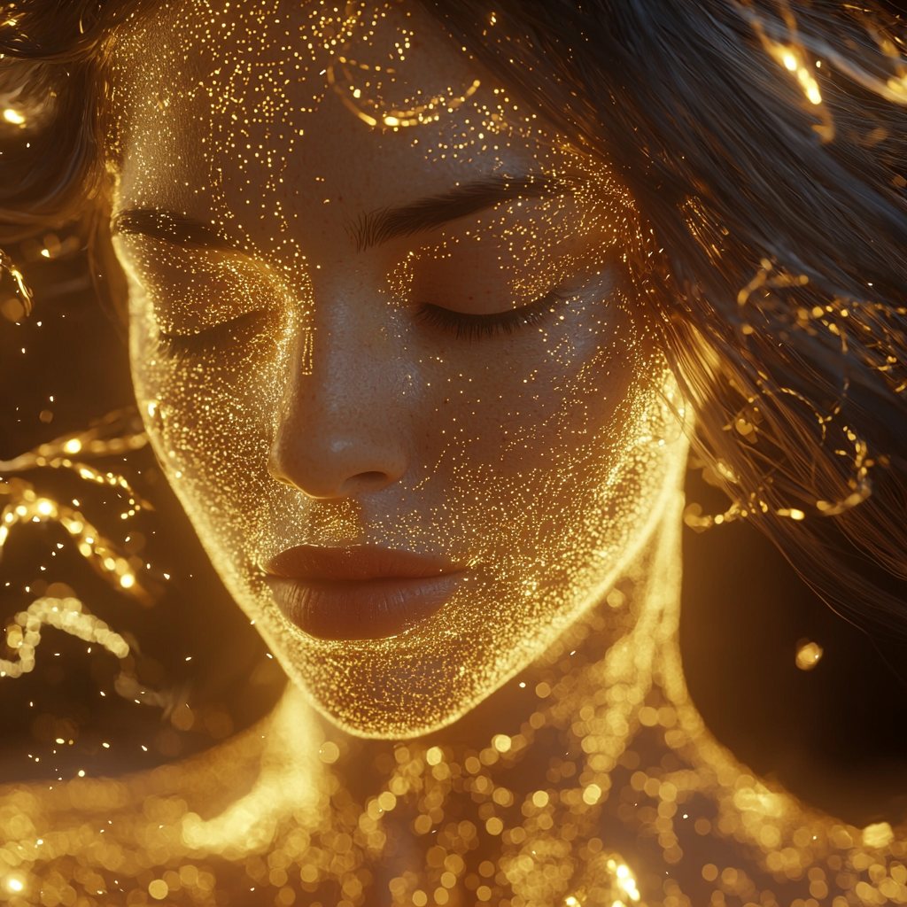 8k cinematic 3D model, glowing female body, spiritual, flowing hair.