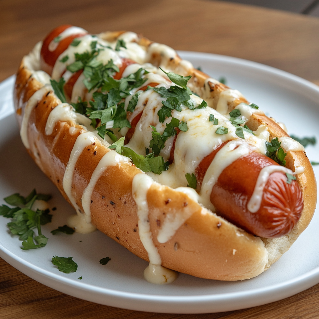 8k image of mozzarella hotdog with garnish in plate.