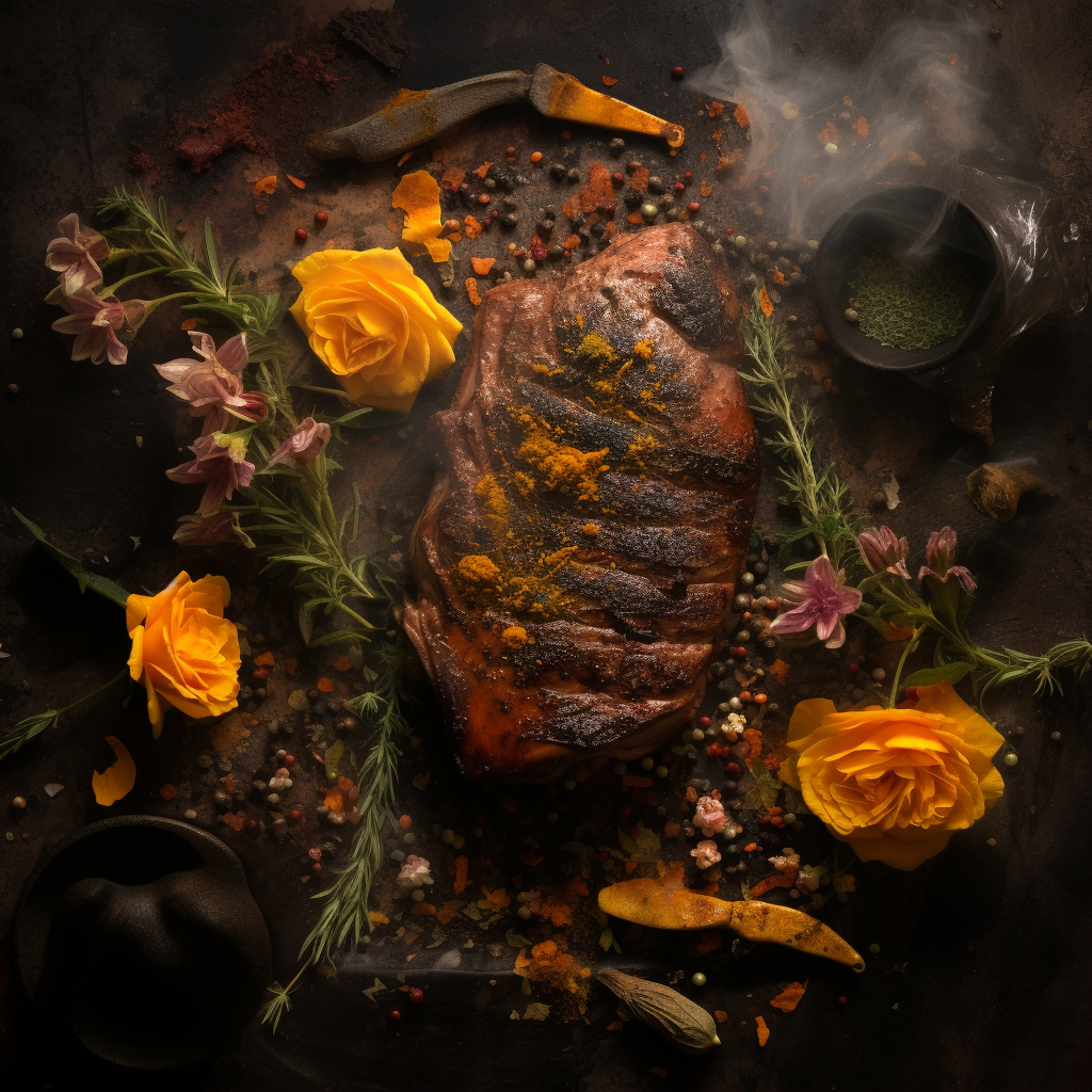 Roasted beef tenderloin with mustard flower (max 6 words).