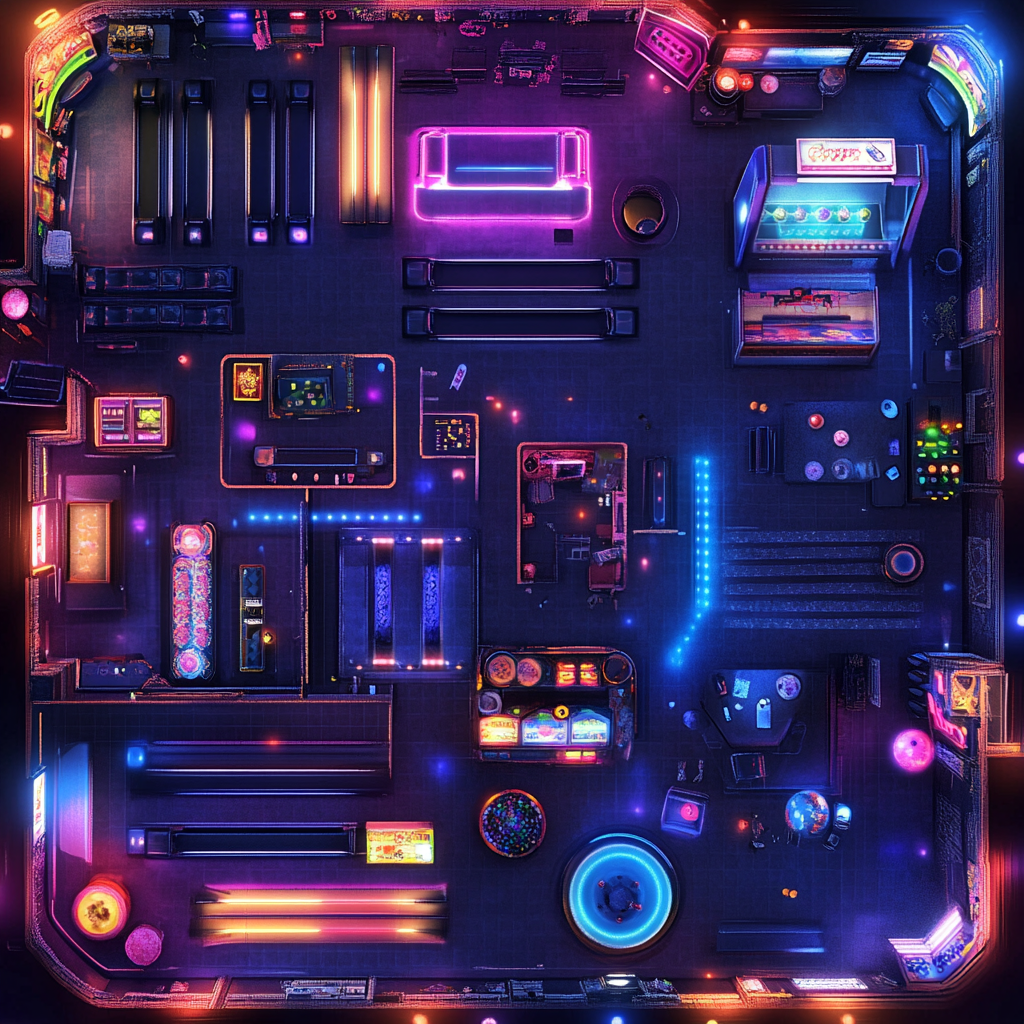 90s Retro Arcade Nightclub Floorplan with Neon Lighting