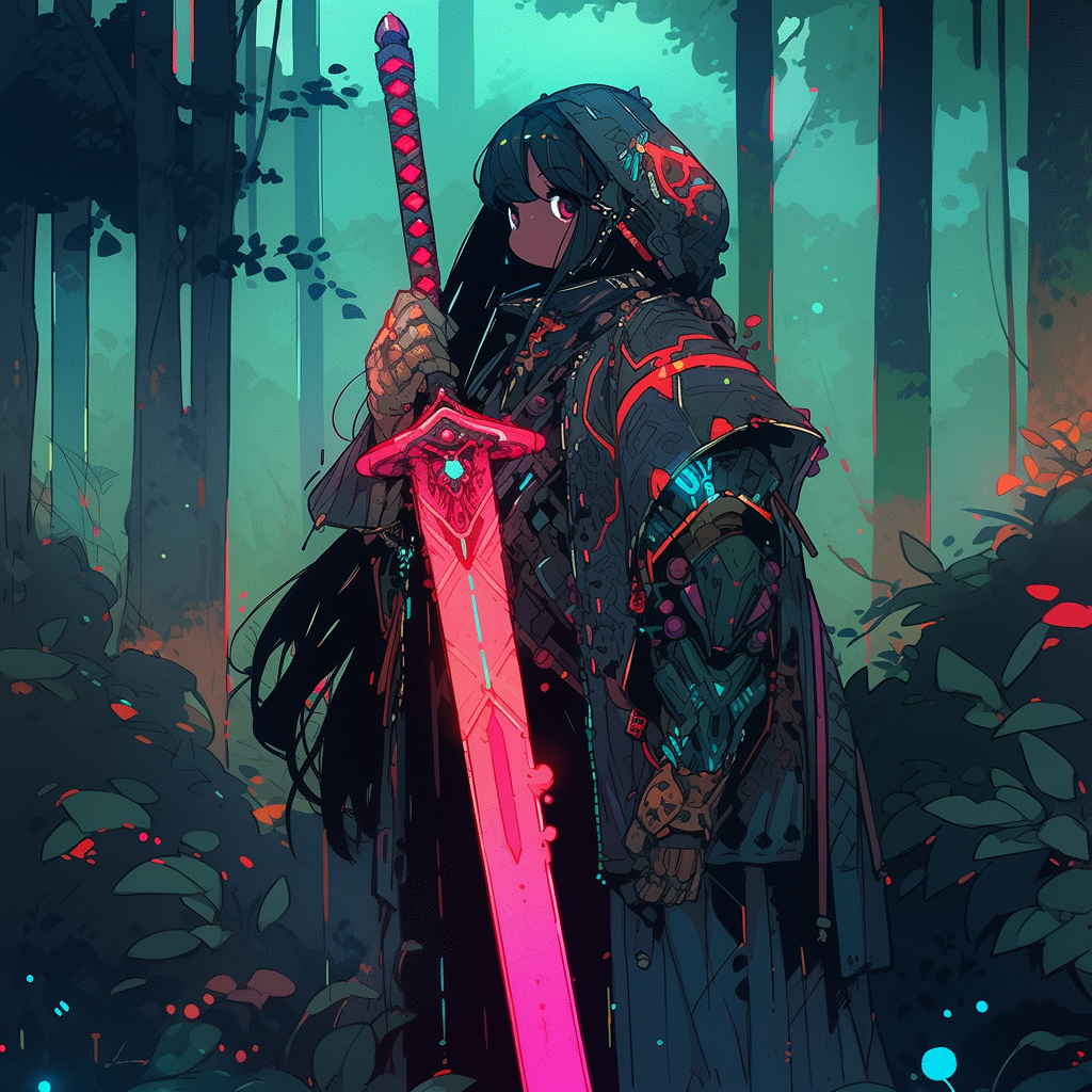 Anime girl with a detailed sword in a forest