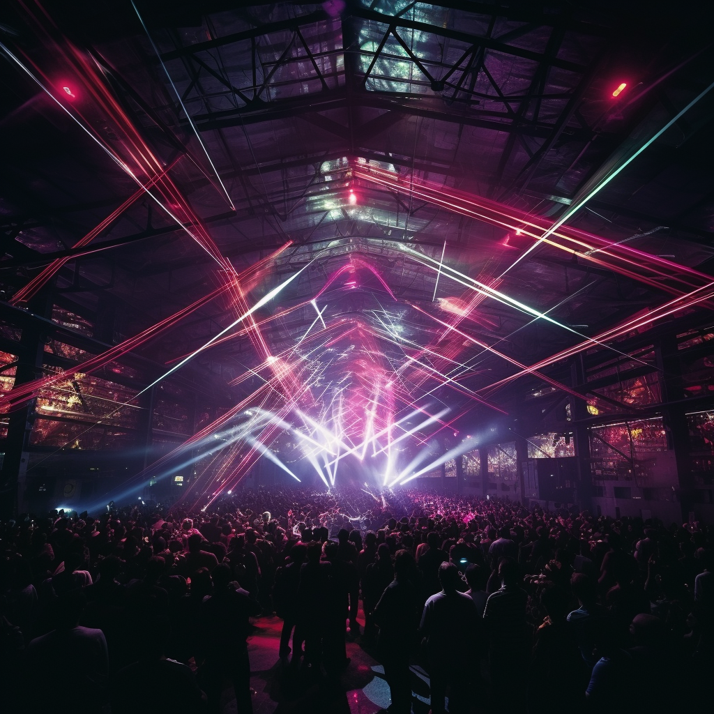 Vibrant 90s Rave Warehouse with Laser Lights