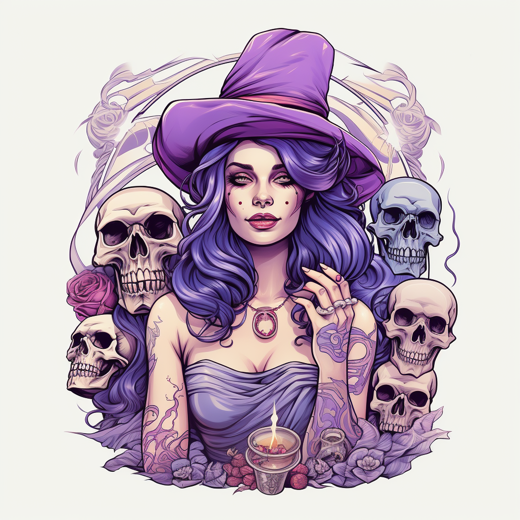 Wizard holding human skull in purple dress