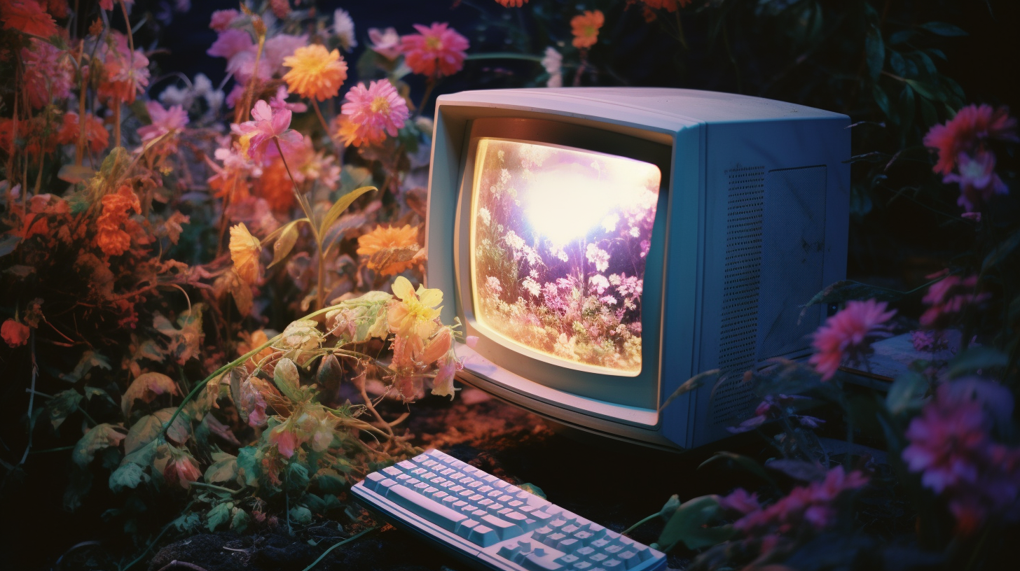 Colorful flowers growing from a 90's computer