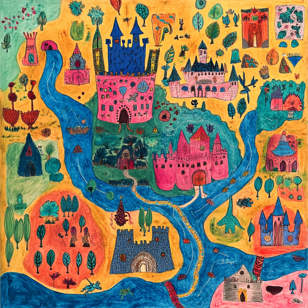 A 12-year-old's magical map with castle and creatures.