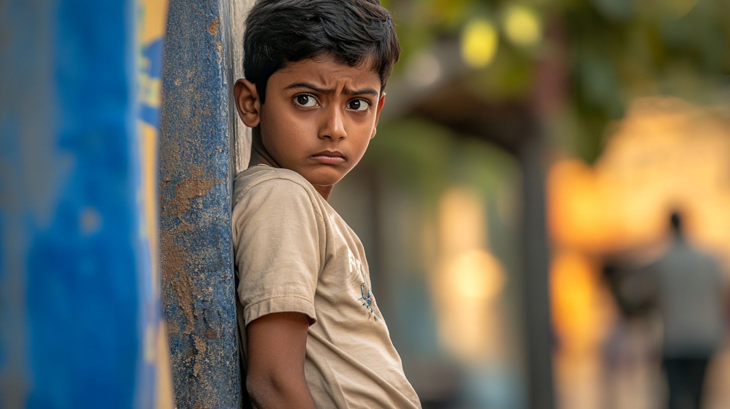 A 13-year-old South Indian boy hides behind someone.