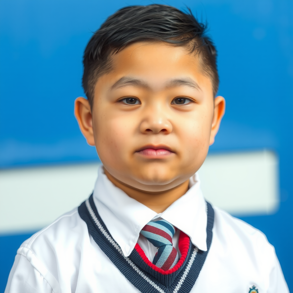 A 13-year-old boy in school uniform.