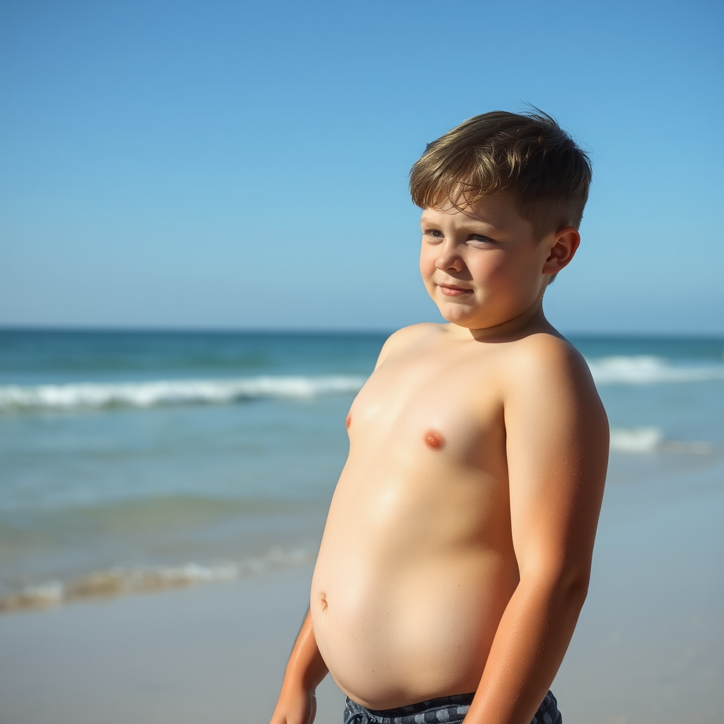 A 13-year-old chubby boy in a speedo on the beach