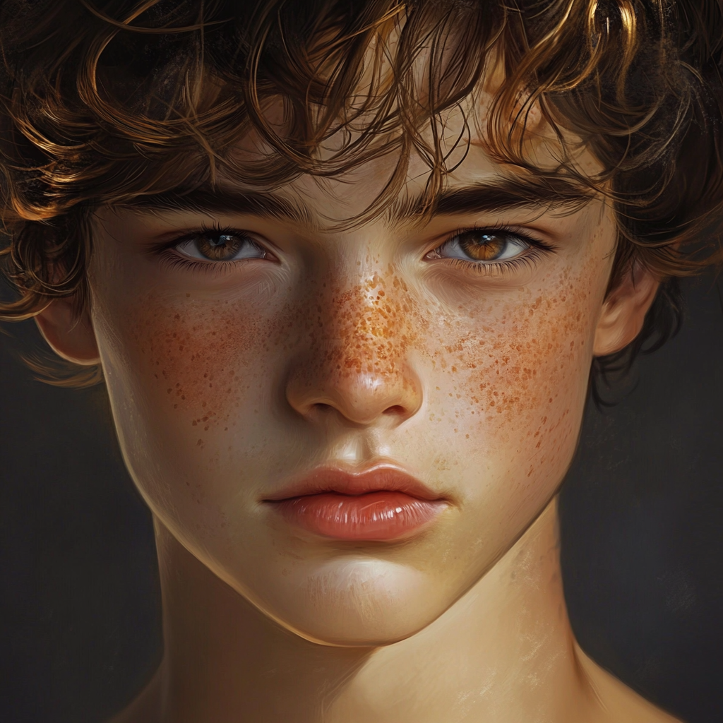 A 14-year-old boy with freckles and curly hair