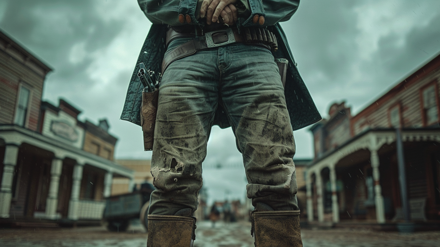 A 1880s Cowboy in Western Town Under Rain