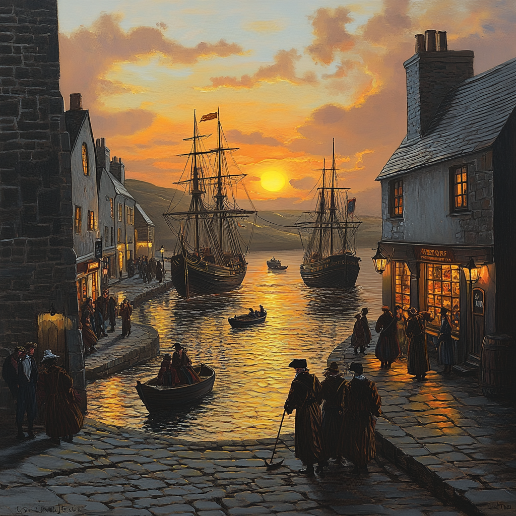 A 18th Century Cornish Harbor Scene at Sunset