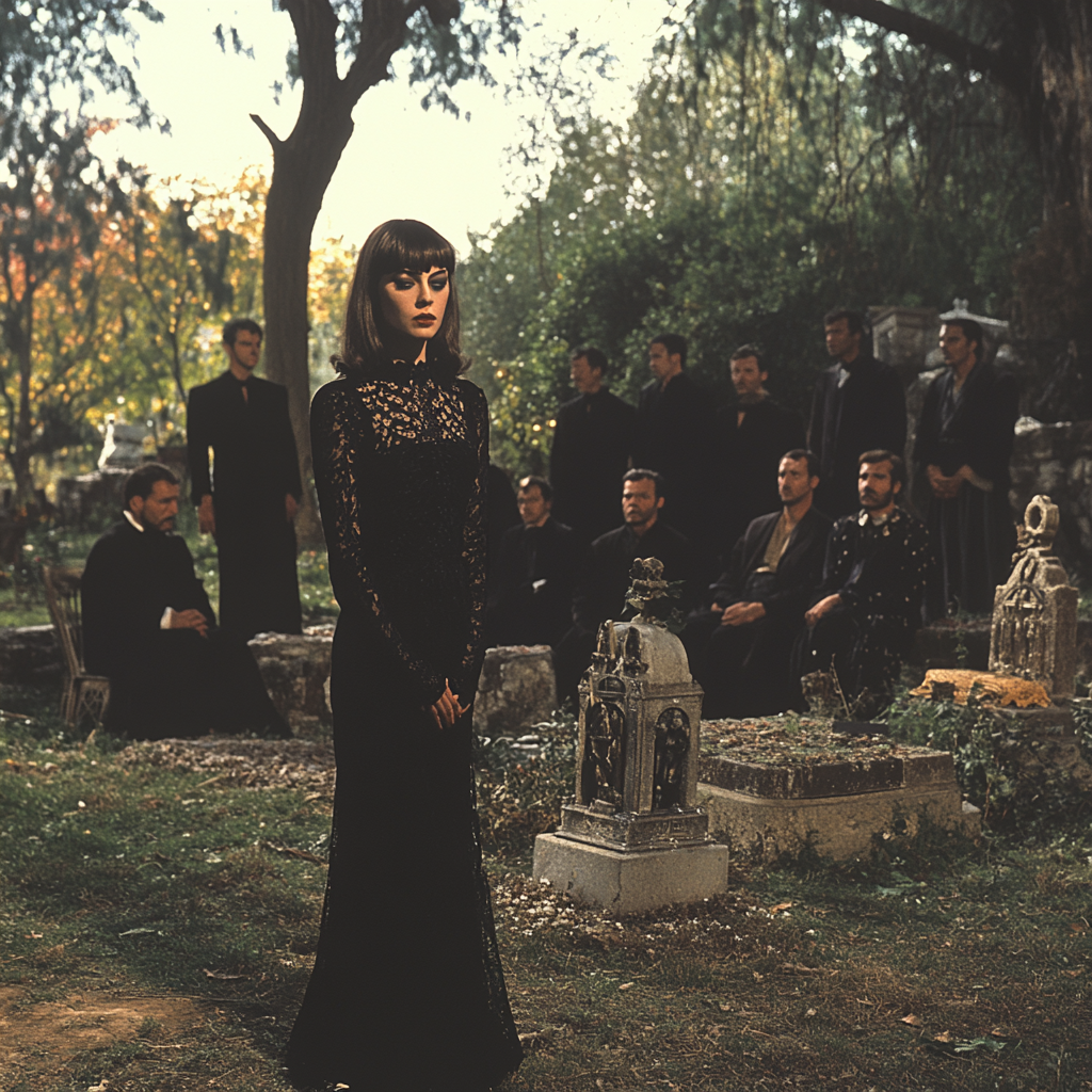 A 1970's Mafia funeral with woman in black