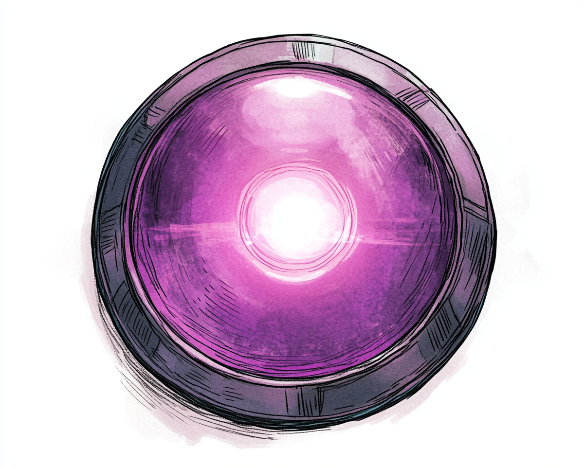 A 1970's style comic: Purple metal shield with core.