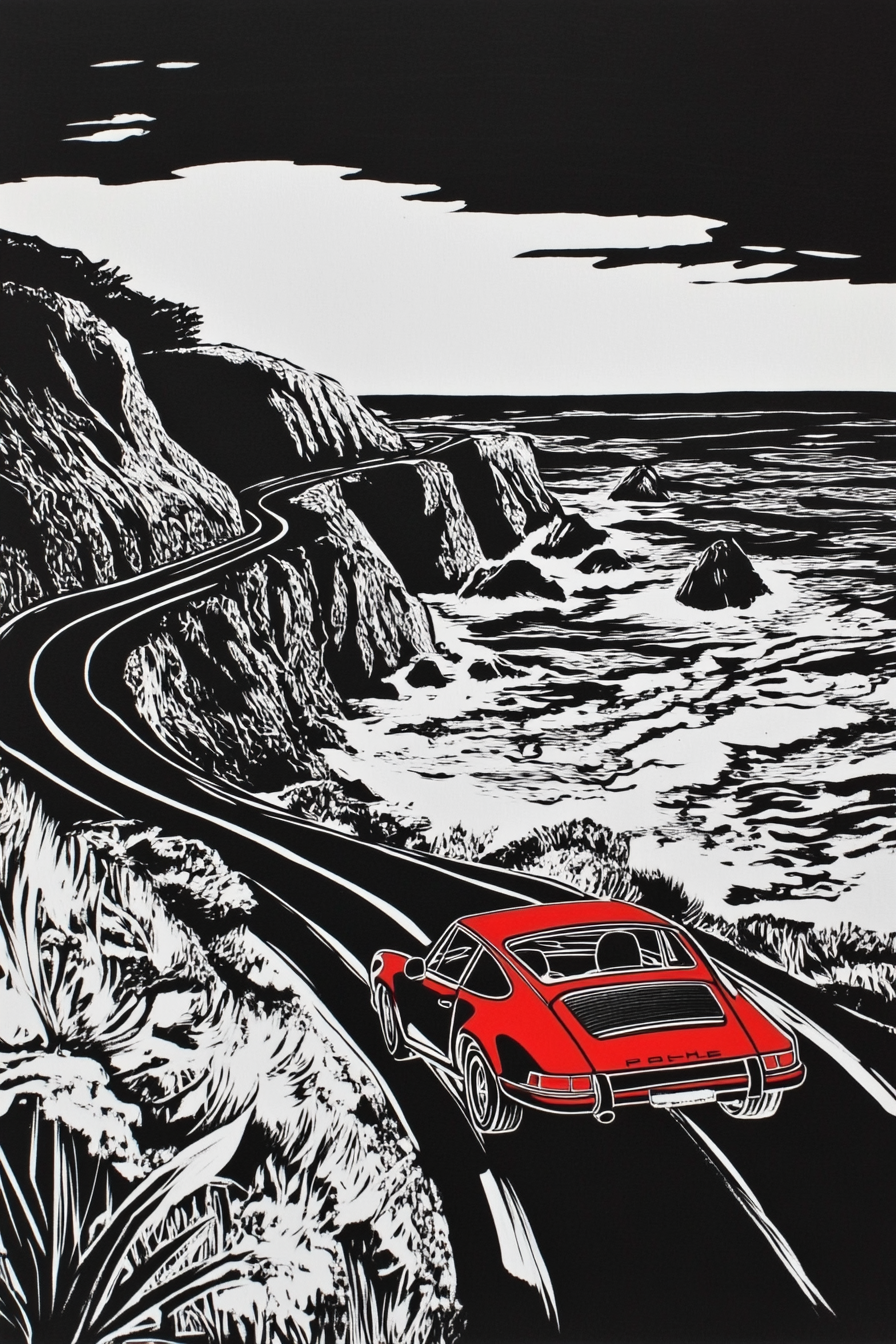 A 1970 Porsche 911 Coastal Drive Woodblock Print.