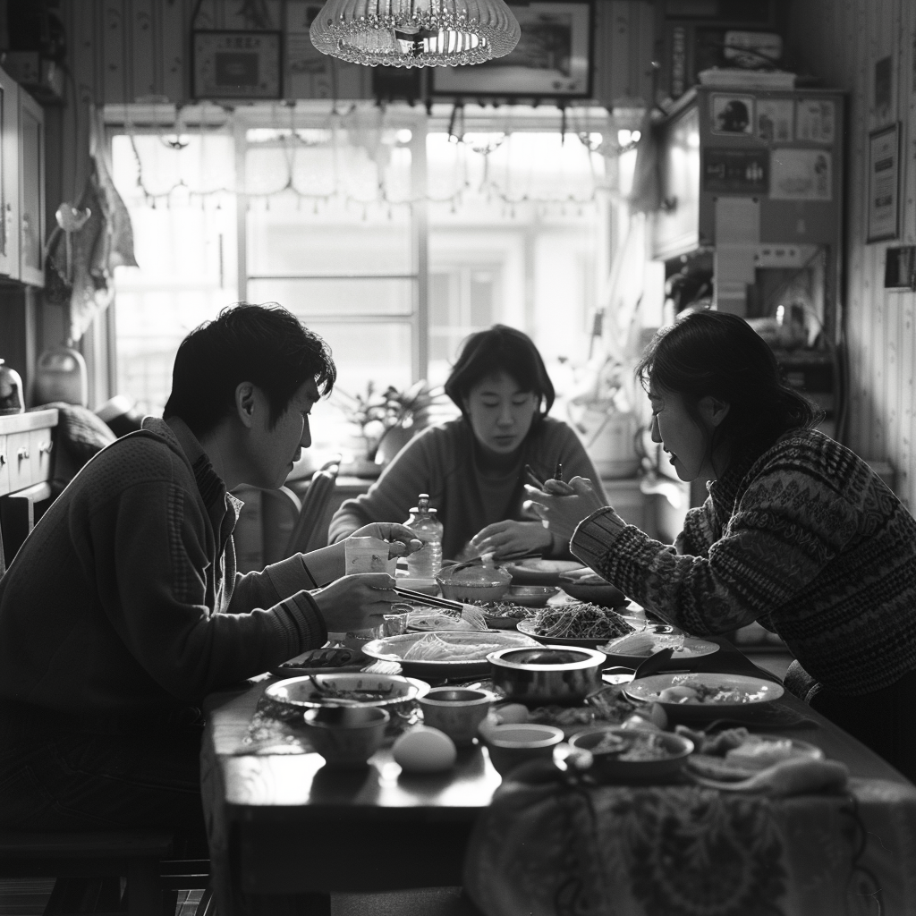 A 1990s Korean family enjoying dinner together