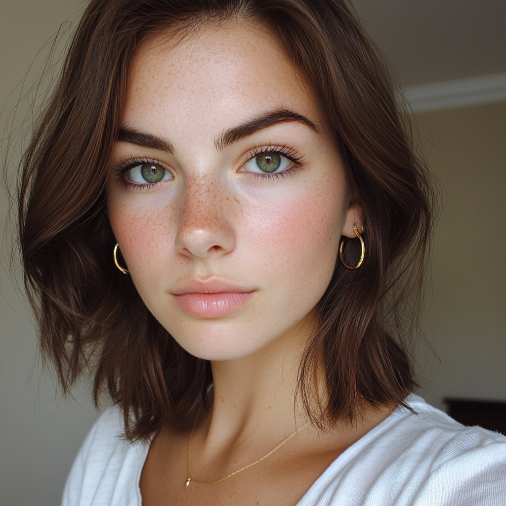 A 20-year-old girl with green eyes and gold earrings.