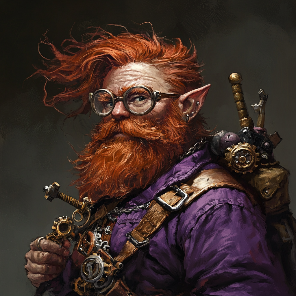 A 35-year-old gnome wizard with red hair and gear-filled bag, wearing purple tunic.