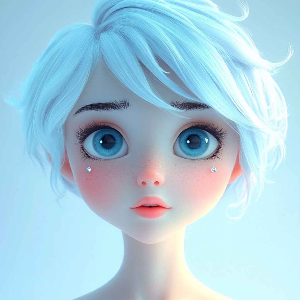 A 3D character portrait with glossy eyes and soft skin.