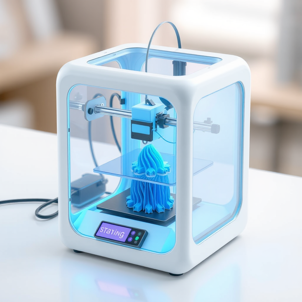 A 3D printer creating a colorful cube.