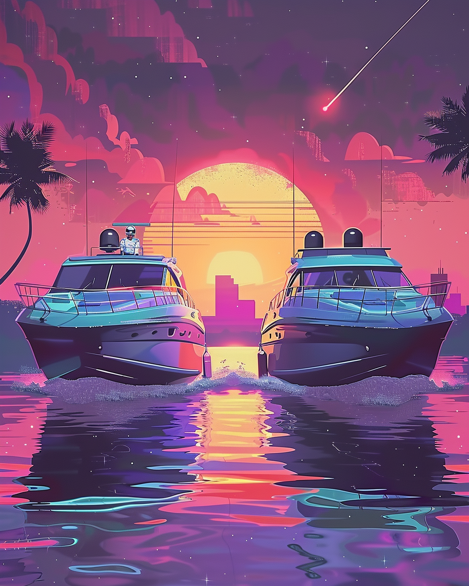 A 80's themed wallpaper with boats and skyline