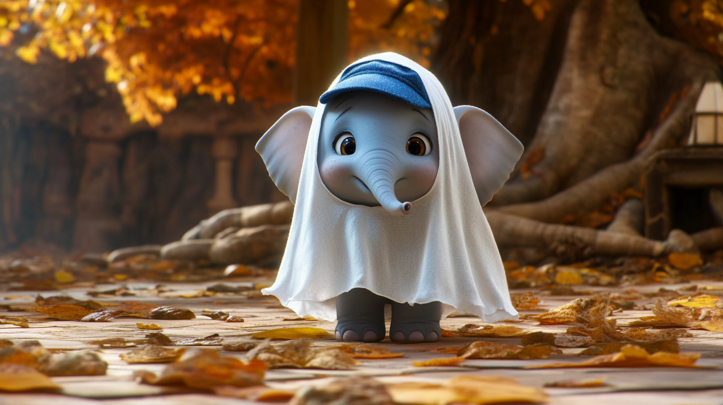 A Baby Elephant Dressed as Ghost for Halloween