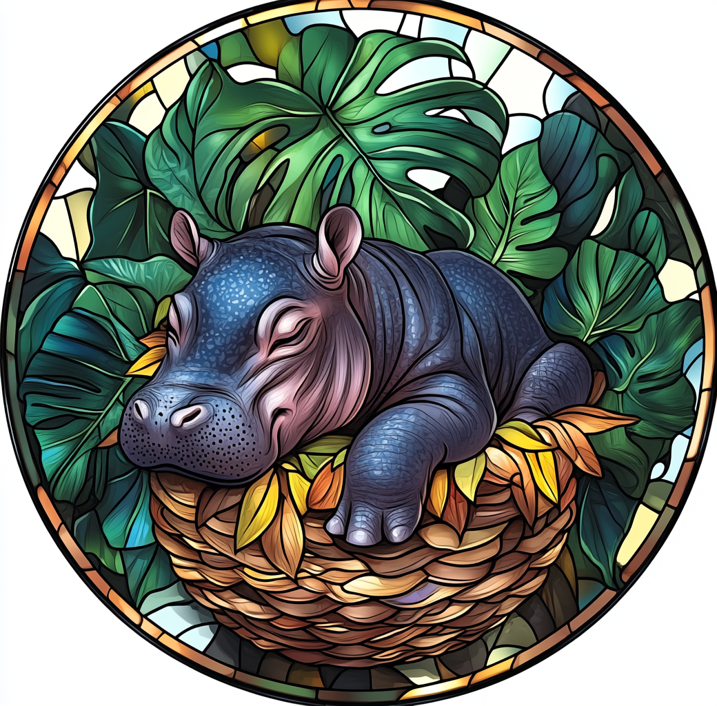 A Baby Hippo Sleeping in Leafy Basket Ornament