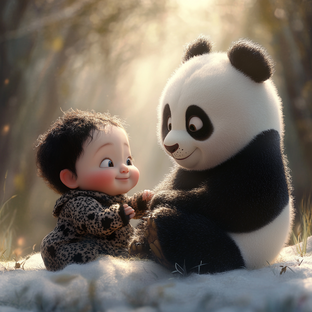 A Baby and Panda in Matching Outfits Bonding