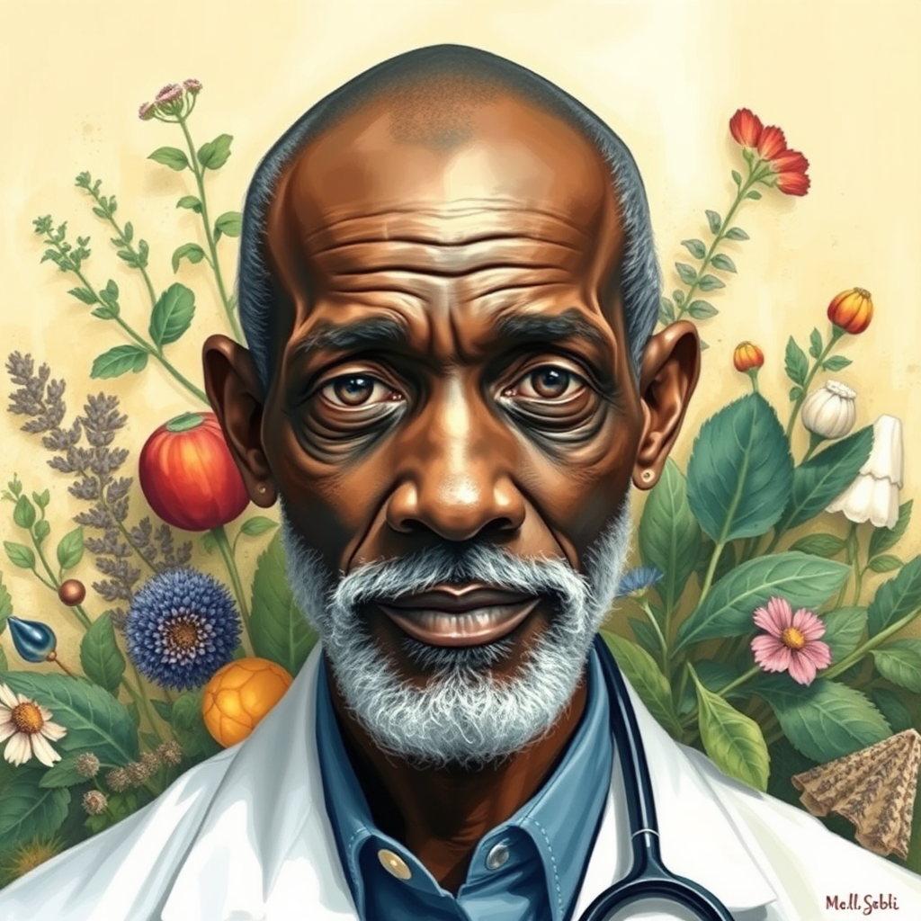 A Bald Dr. Sebi Surrounded by Medical Herbs