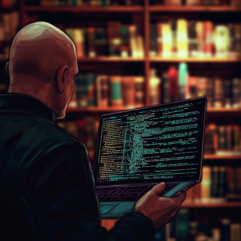 A Bald Man with Bookshelf Holds Laptop