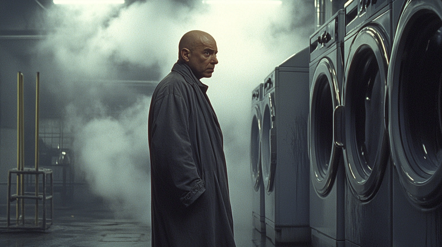 A Bald Telly Savalas Stands by Massive Washing Machine