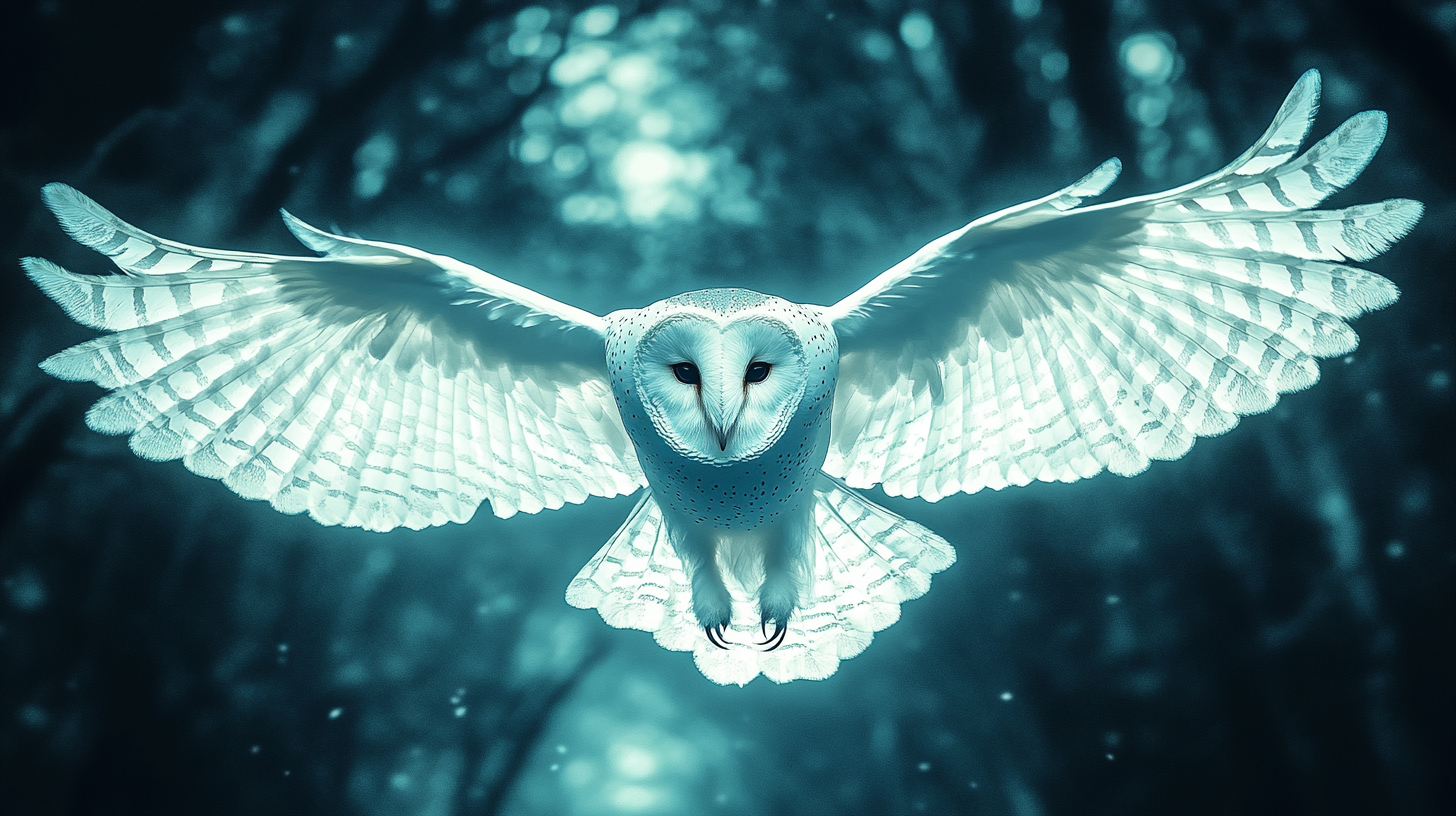 A Barn Owl Flying Symmetrically Through Dark Forest