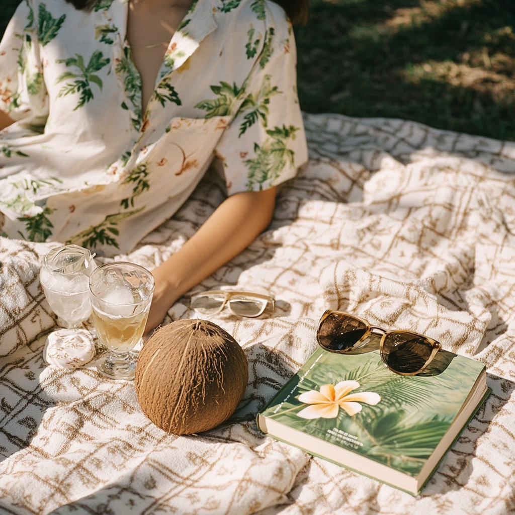 A Beach Picnic with Sunglasses and Coconut Book