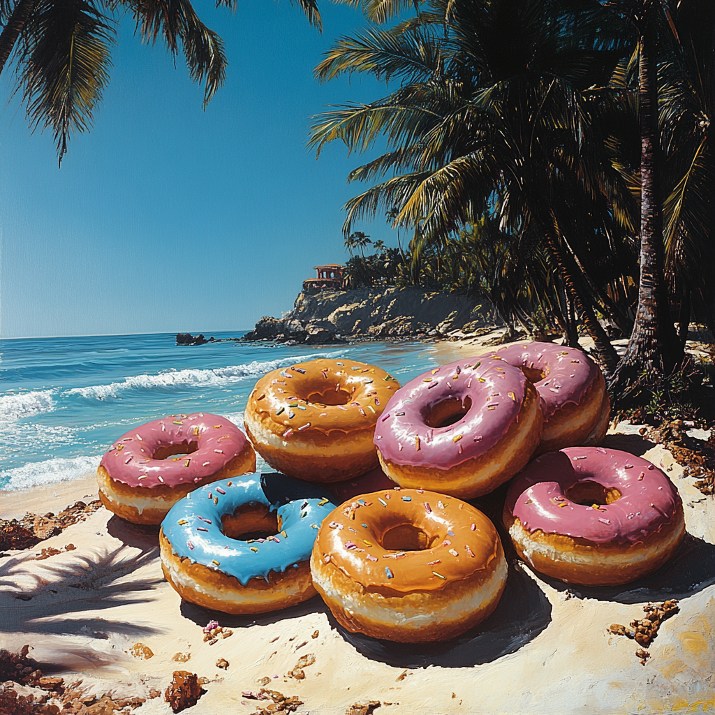 A Beach with Colorful Donut Rocks and Palm Trees