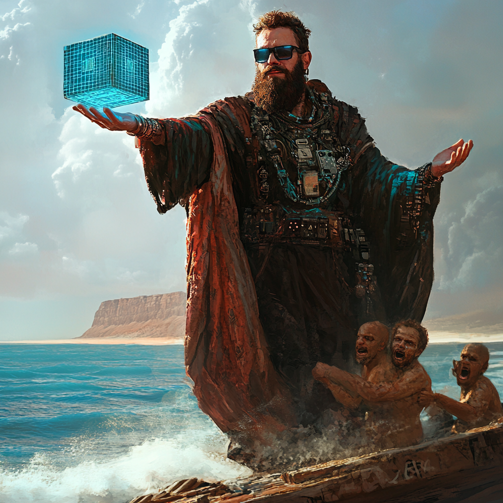 A Bearded Man Riding Futuristic Boat Approaching Bowing Cave Men