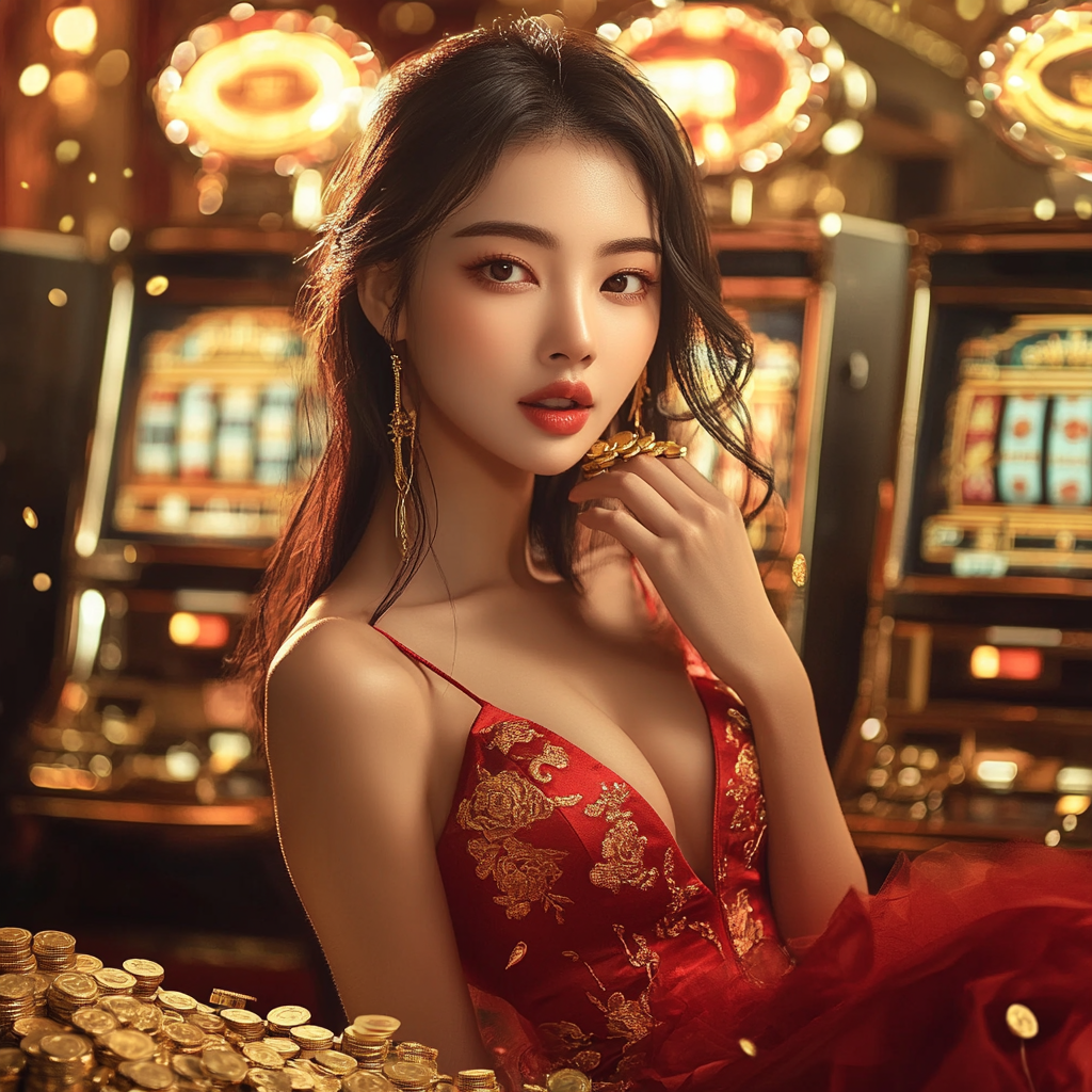 A Beautiful Asian Woman with Slot Machines and Gold