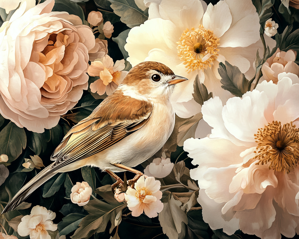 A Beautiful Bird Among Blooming Flowers