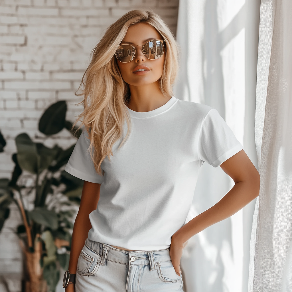 A Beautiful Blonde Model in a White T-Shirt