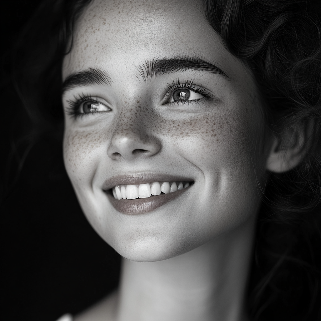 A Beautiful European Woman Smiling in Black and Grey