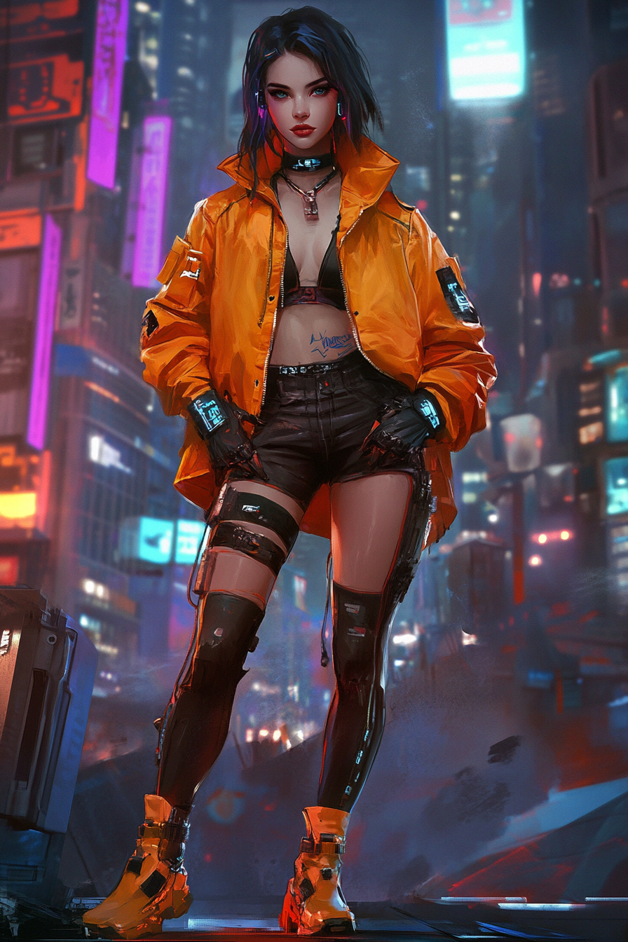 A Beautiful Female Cyberpunk Decker in Futuristic City