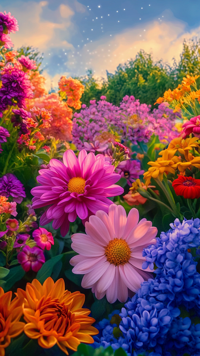 A Beautiful Flower Garden Under Twilight Sky