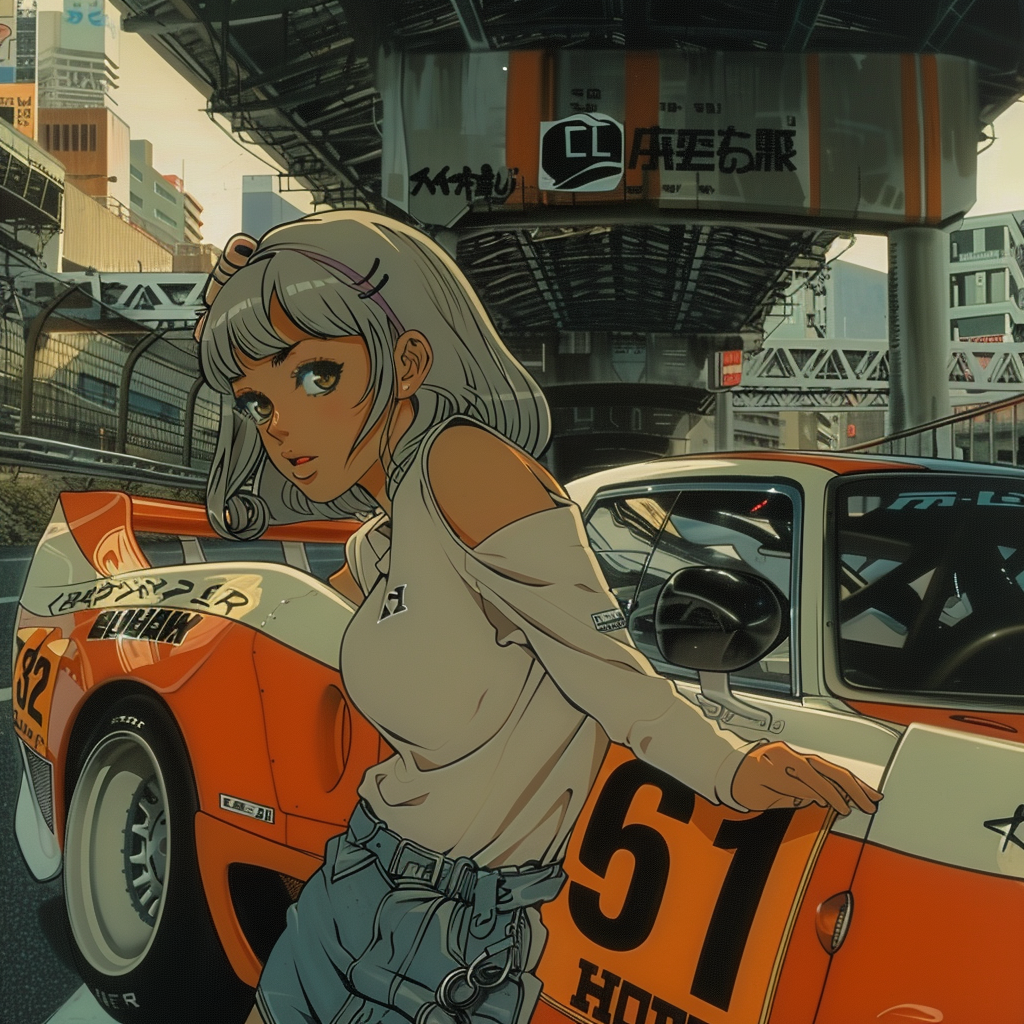 A Beautiful Girl Leaning on 80s Anime Car