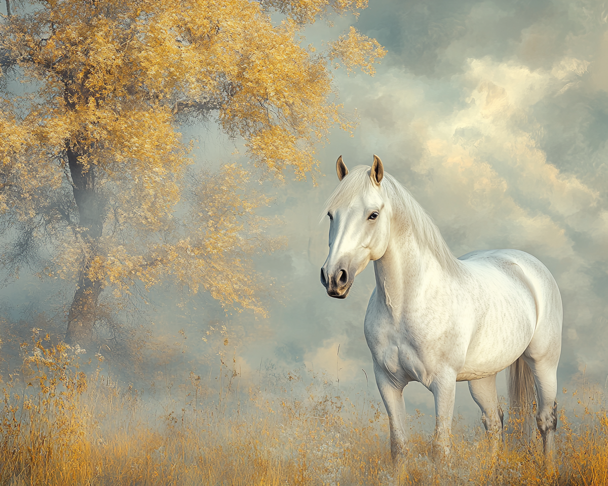 A Beautiful Gray Horse Standing by Magnificent Tree