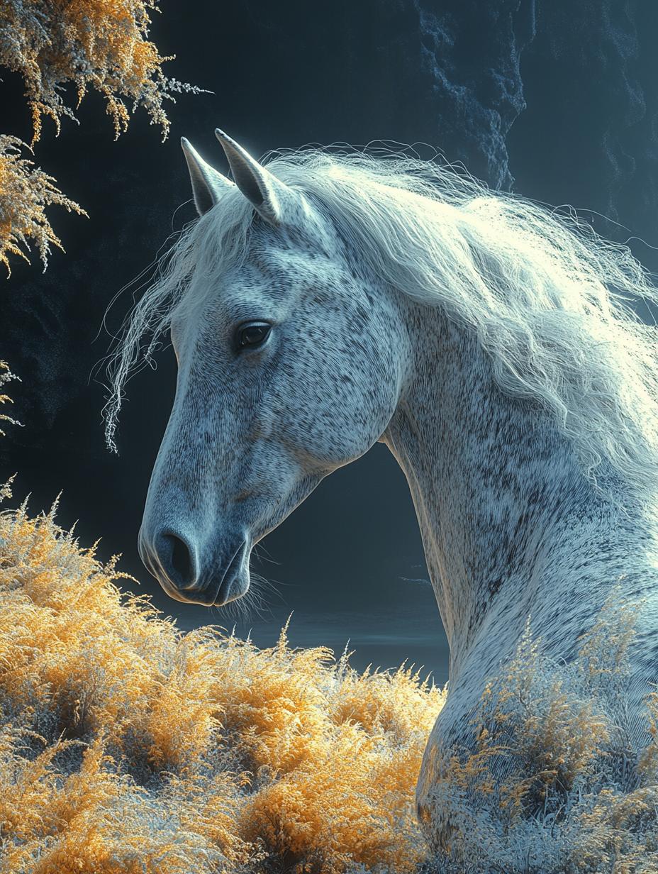 A Beautiful Gray Horse in Front of Big Tree