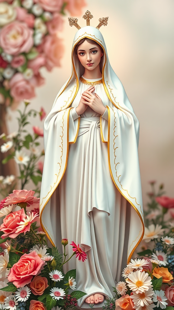 A Beautiful Image of Mother Mary Surrounded by Flowers.