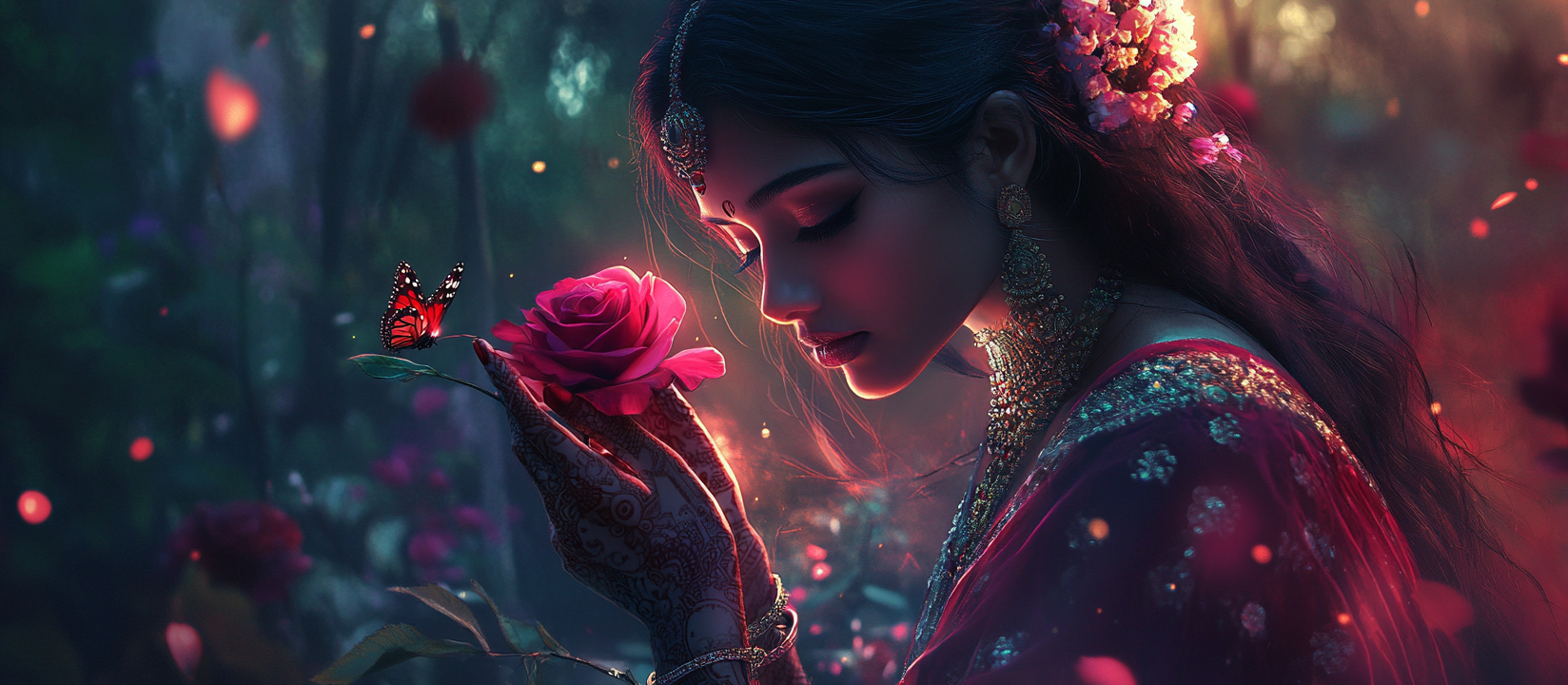 A Beautiful Indian Girl Picking Rose in Forest