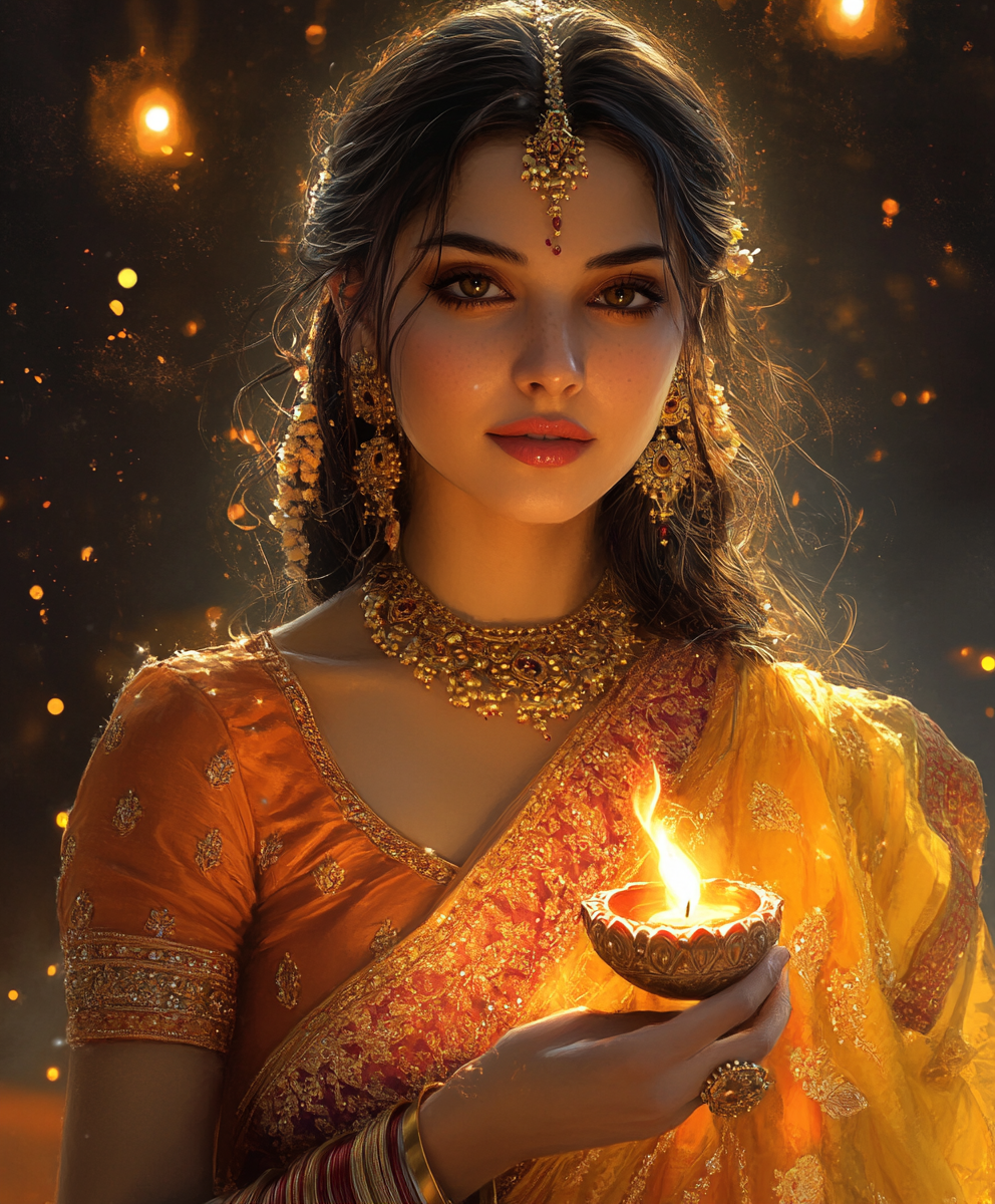 A Beautiful Indian Lady Celebrating Diwali Festival