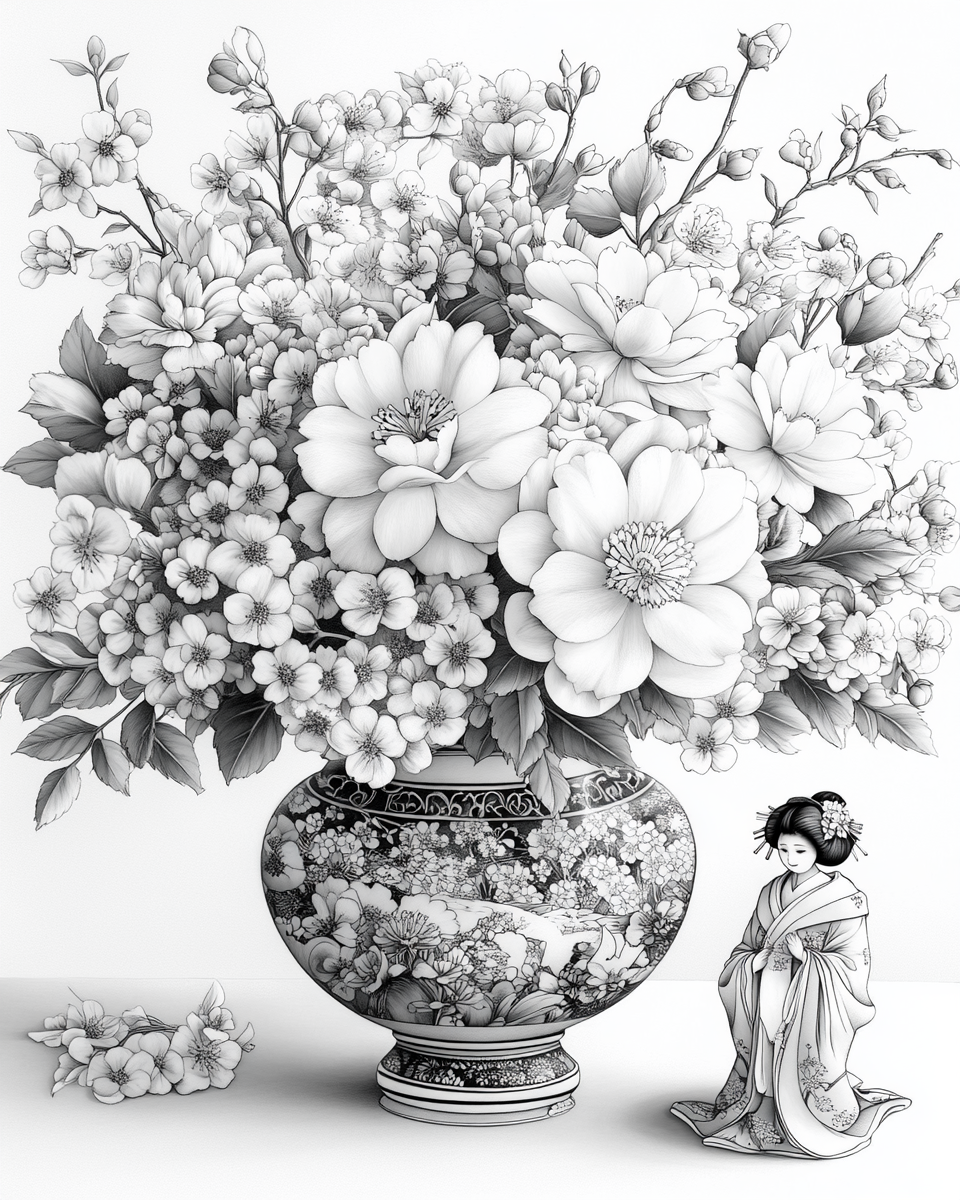 A Beautiful Japanese Flowers Arrangement Coloring Page