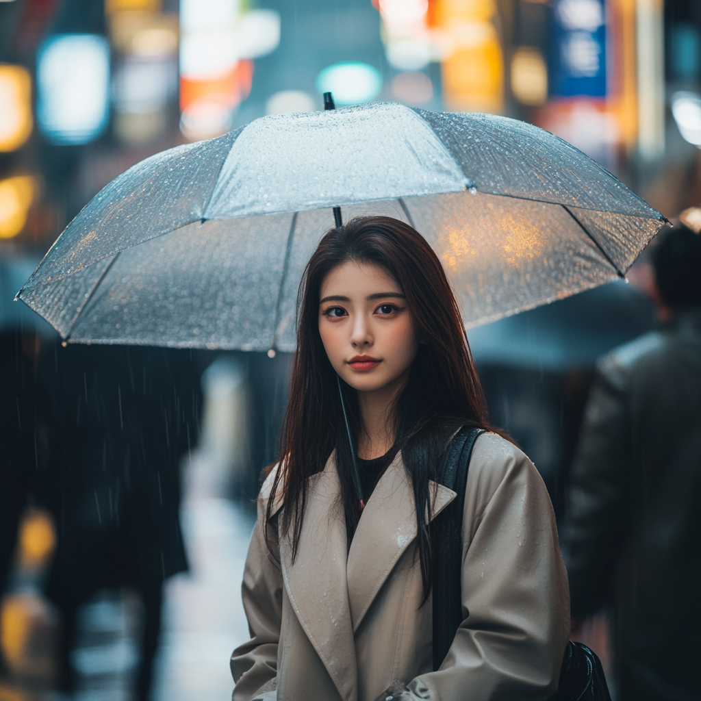 A Beautiful Japanese Woman in Tokyo Morning Rain